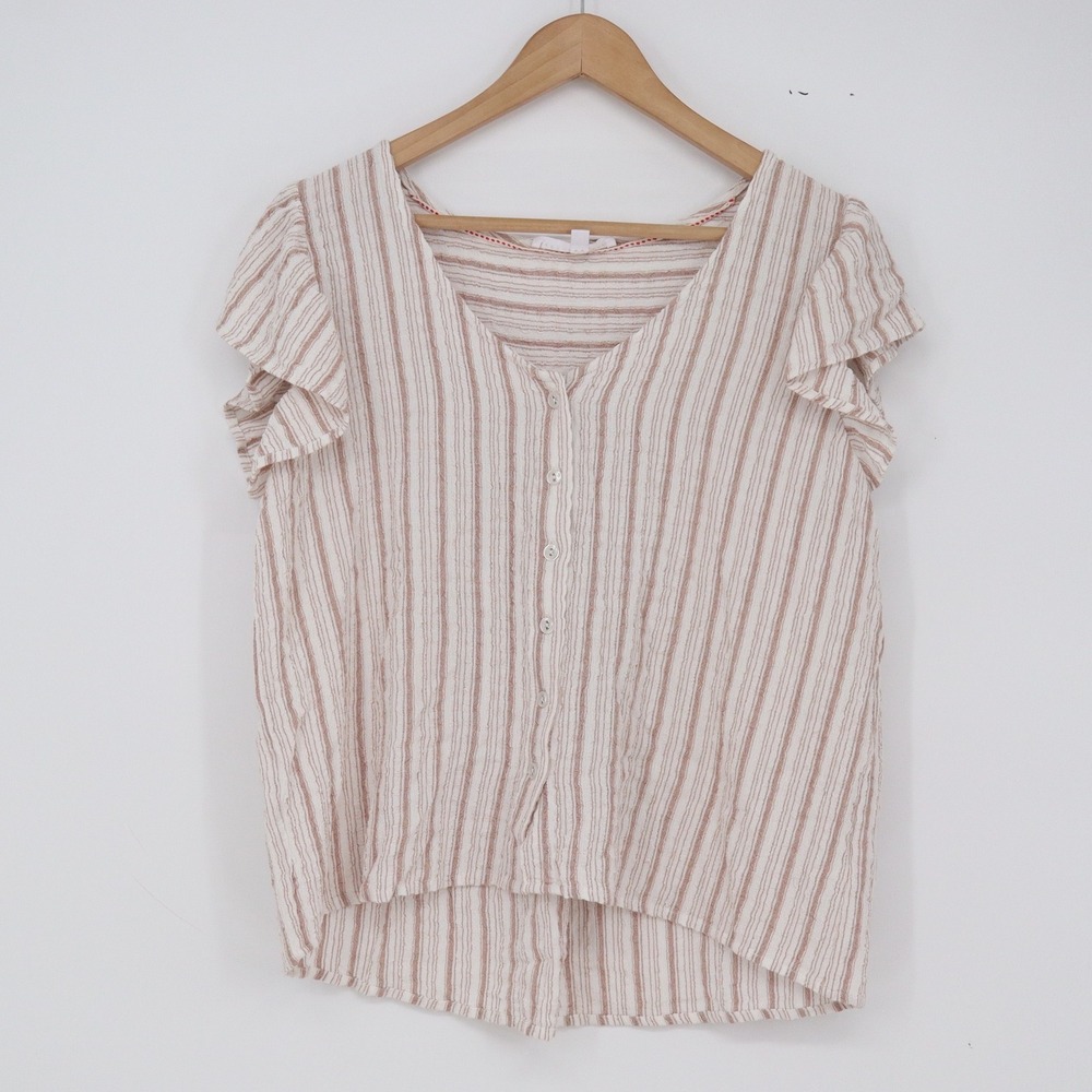 Jane + Delancey Blouse Womens M Tan Striped Flutter Sleeve Button-down Excellent